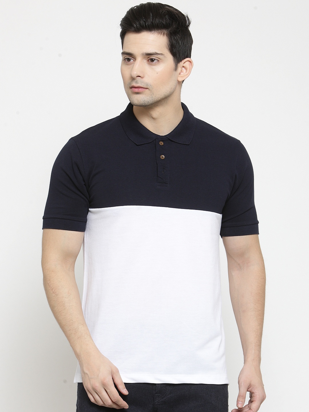 

Kalt Men Navy Blue Colourblocked Polo Collar T-shirt