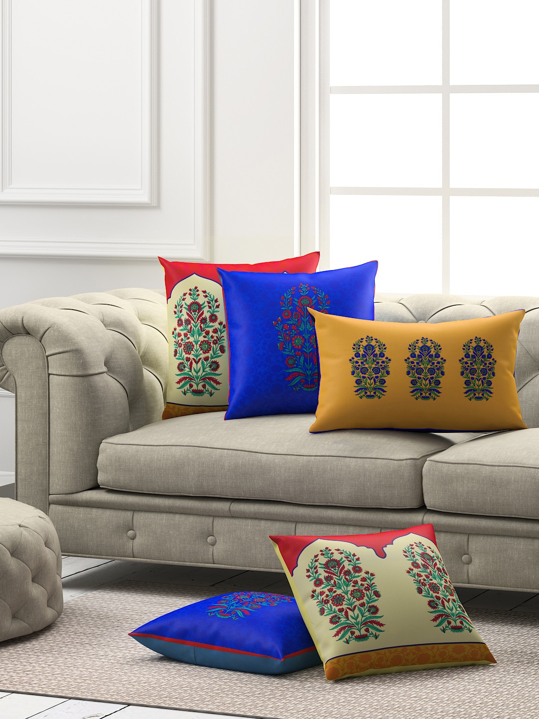 

SEJ by Nisha Gupta Set of 5 Ethnic Motifs Square Cushion Covers, Blue