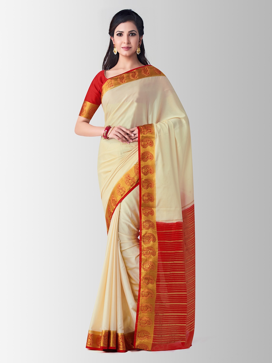 

MIMOSA Beige Poly Crepe Solid Mysore Silk Saree