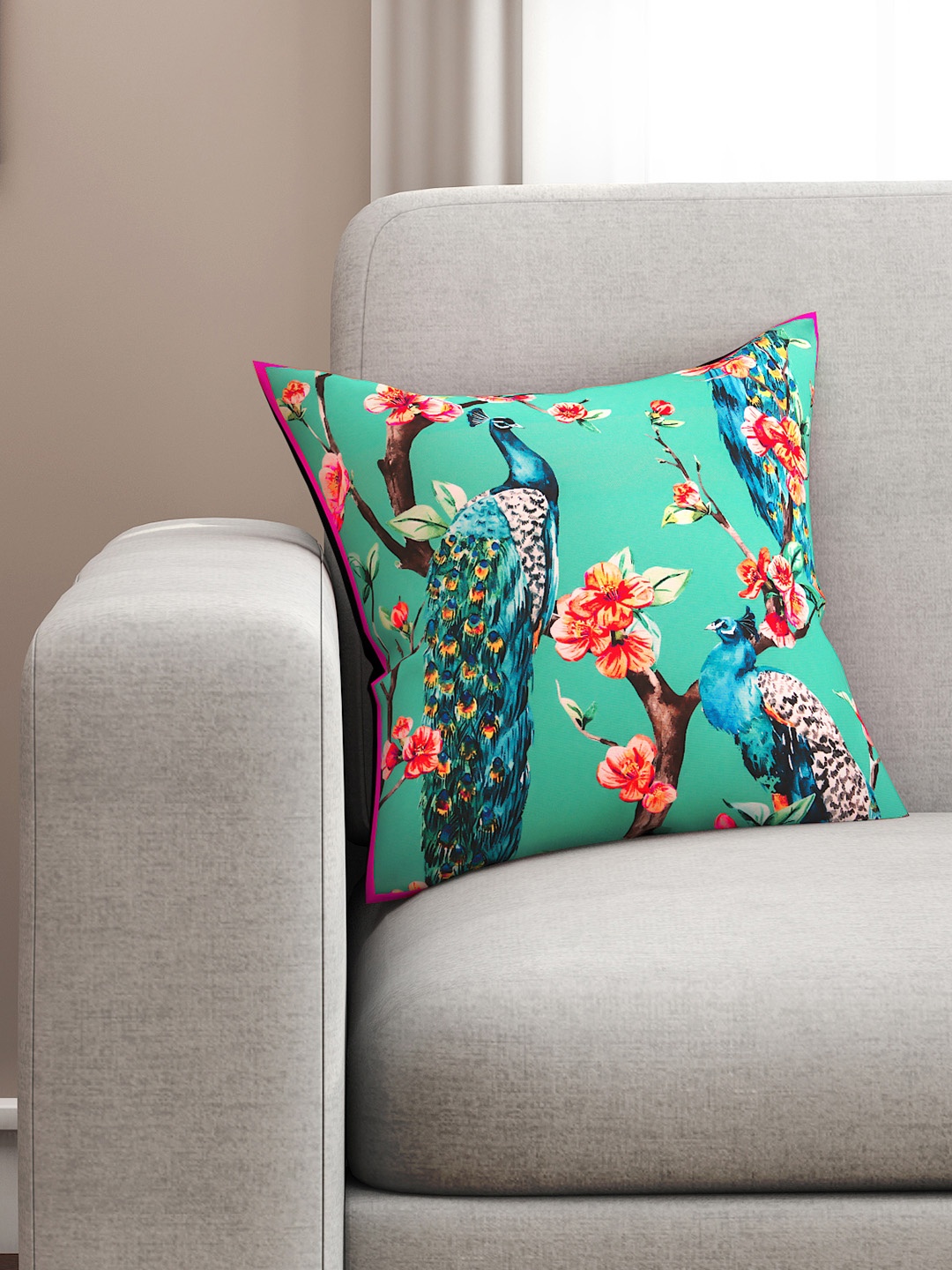 SEJ by Nisha Gupta Green Single Floral Square Cushion Cover