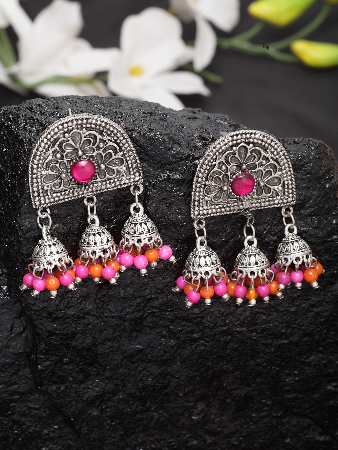 

Moedbuille Women Pink & Orange Silver-Plated Oxidised Crescent Shaped Drop Earrings