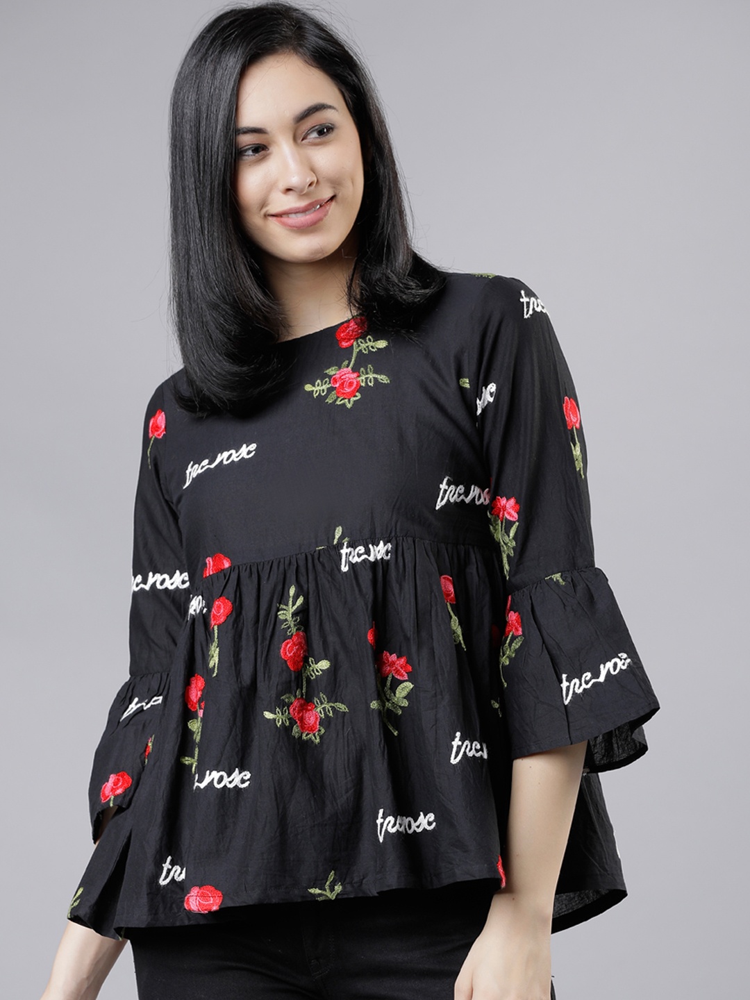 

Tokyo Talkies Women Black Printed Peplum Pure Cotton Top