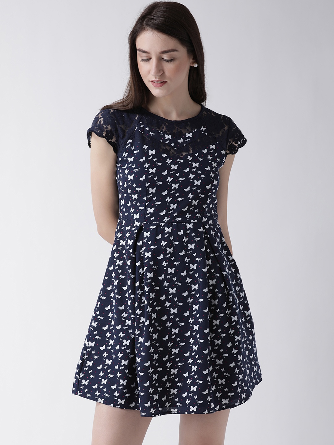 

MsFQ Women Navy Blue Printed Fit and Flare Dress