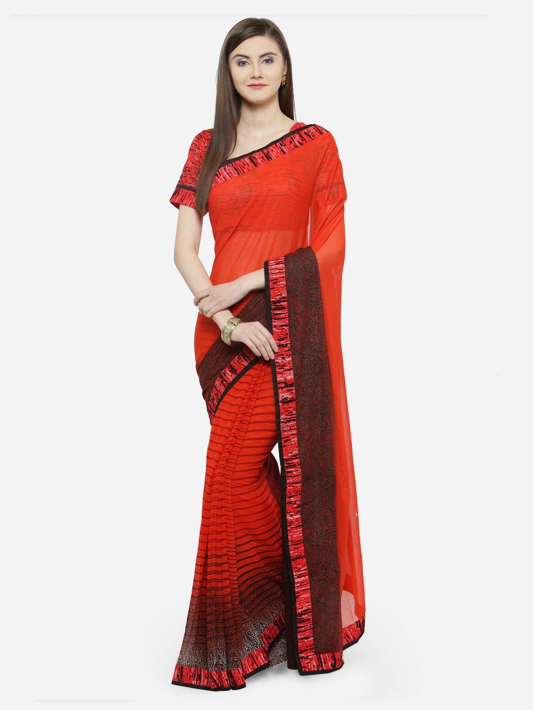 

Shaily Red & Black Pure Georgette Striped Saree