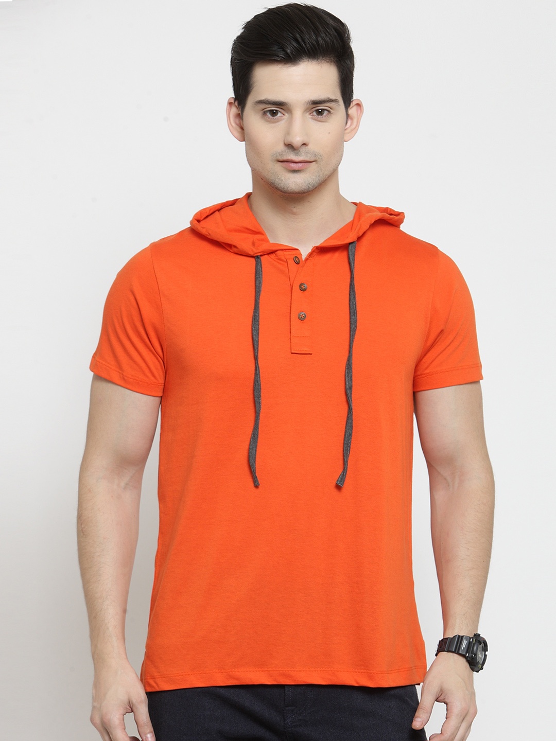 

Kalt Men Orange Solid Hood T-shirt