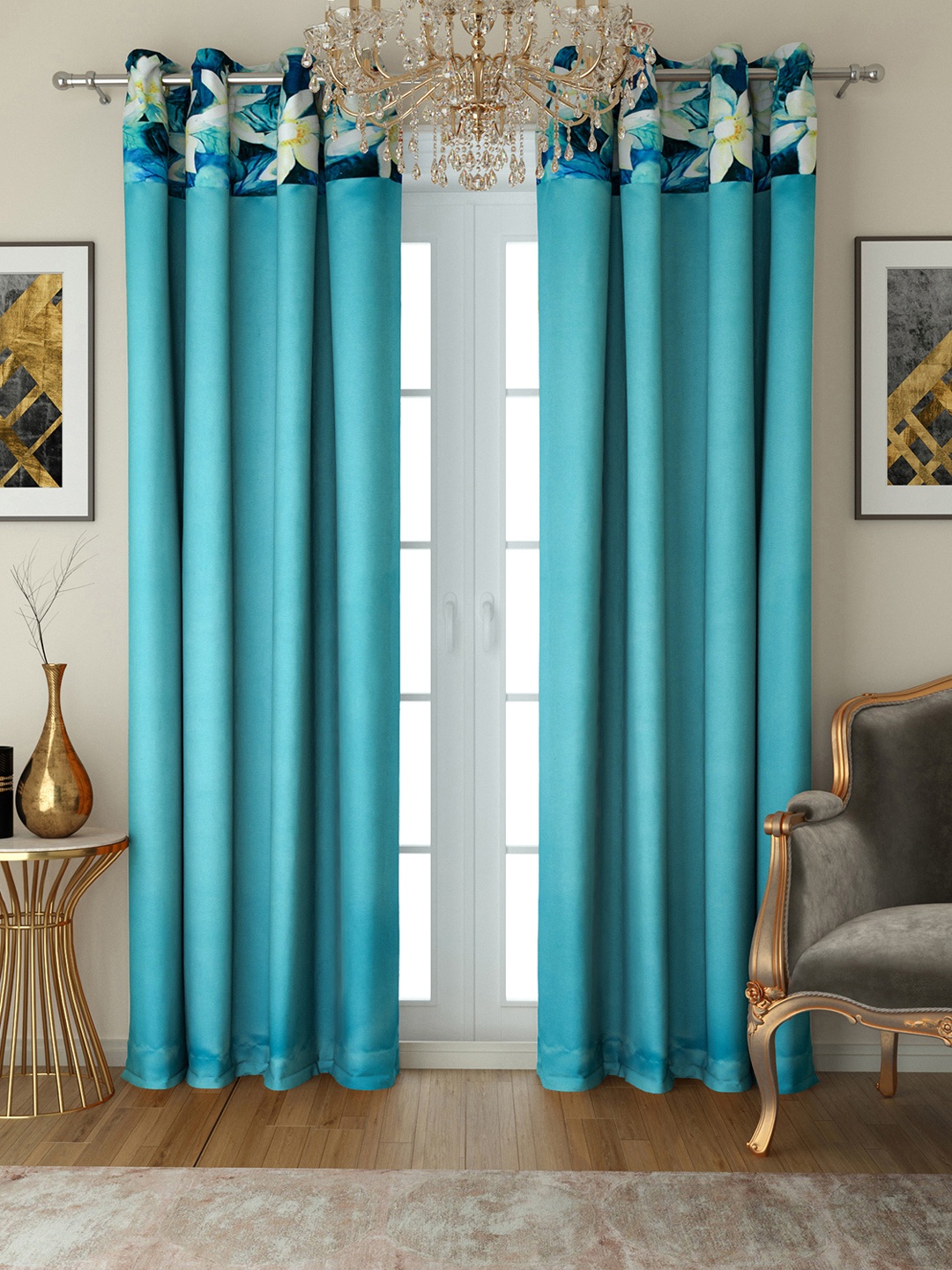 

SWAYAM Set of 2 Solid Black Out Door Curtains, Turquoise blue