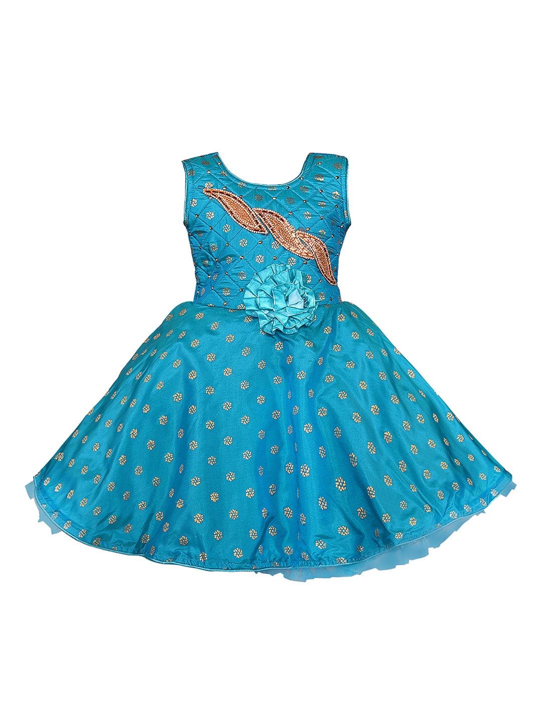 Wish Karo Girls Teal Blue Printed Fit and Flare Dress