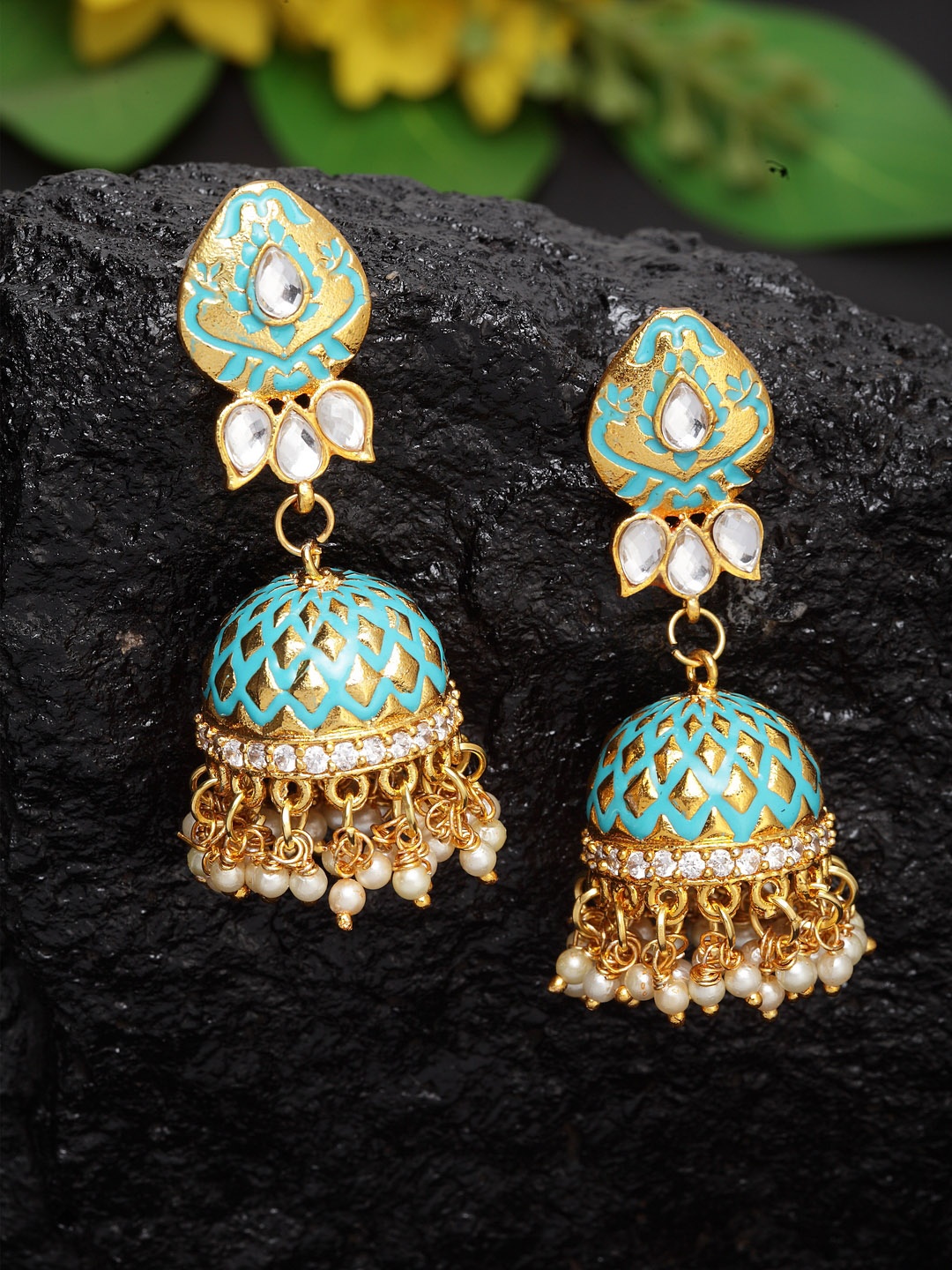 

Moedbuille Turquoise Blue & Gold-Plated Dome Shaped Meenakari Kundan Jhumkas