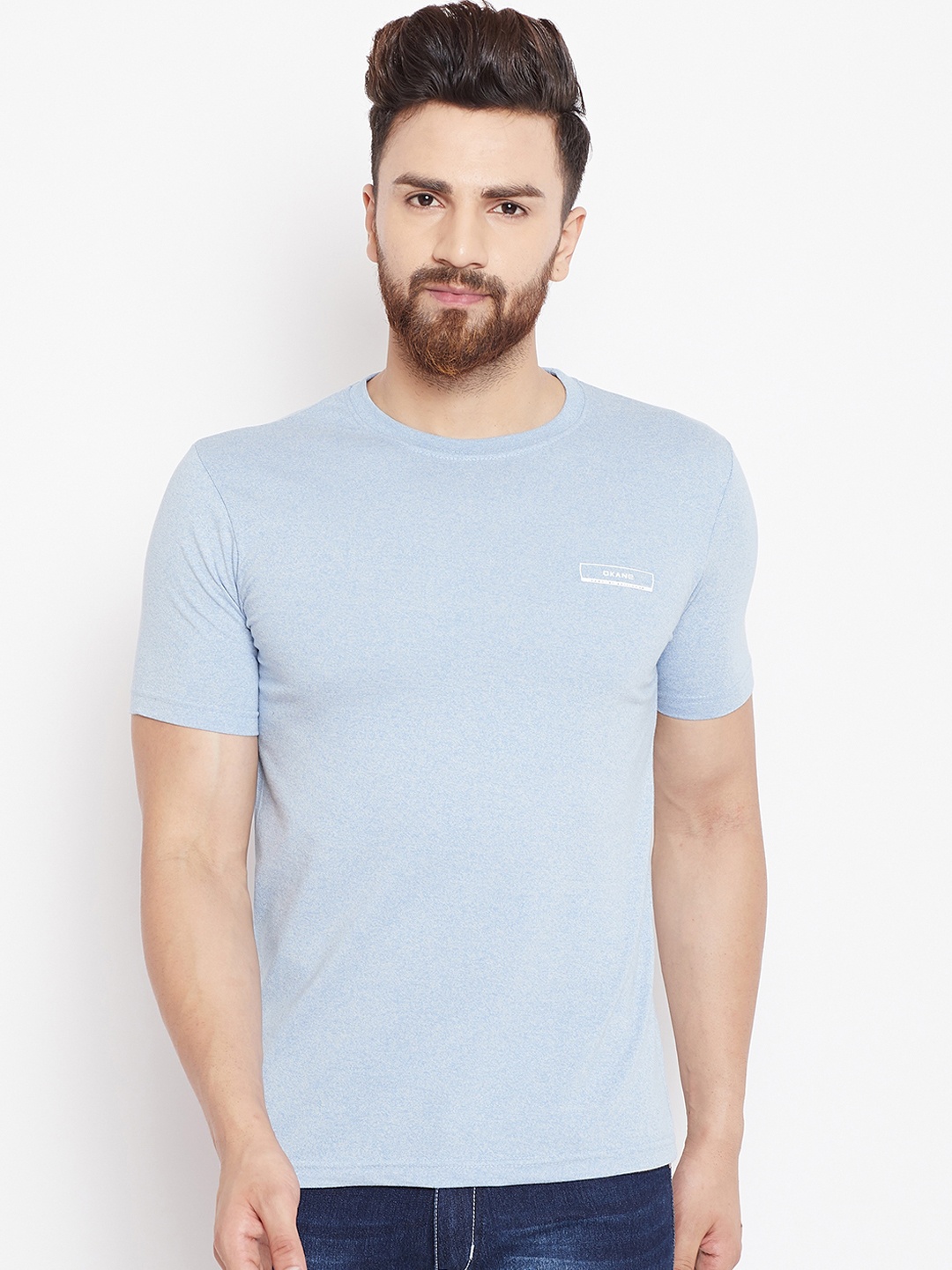 

Okane Men Blue Solid Round Neck T-shirt