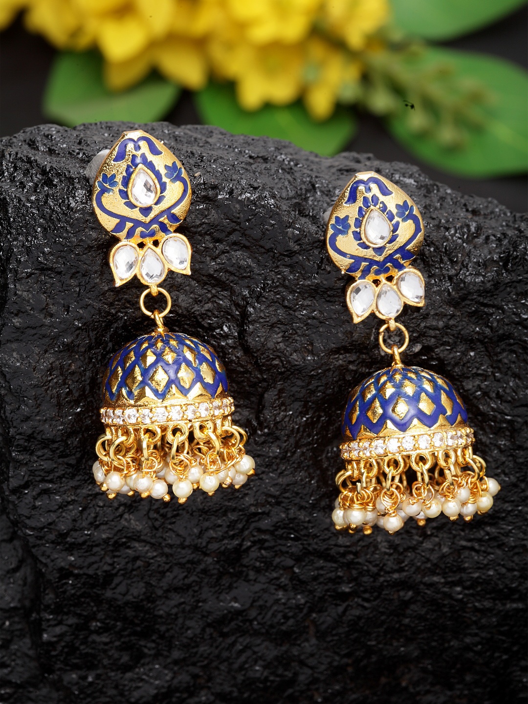 

Moedbuille Gold-Plated & Blue Dome Shaped Jhumkas