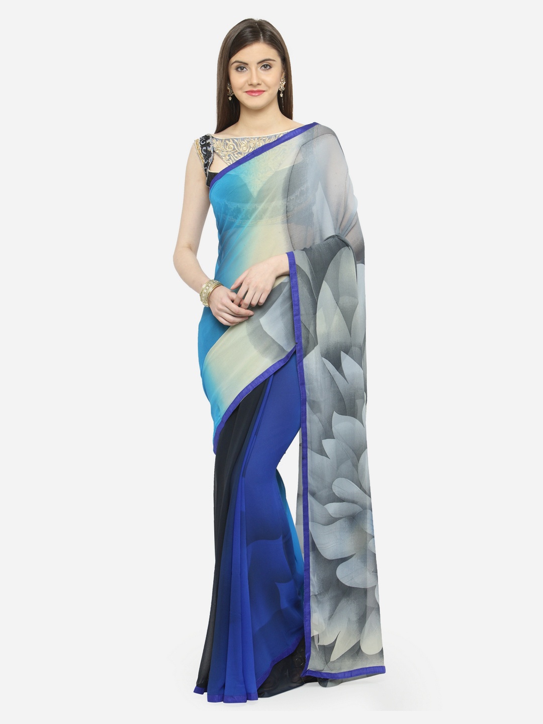 

Shaily Blue & Grey Pure Georgette Printed Saree