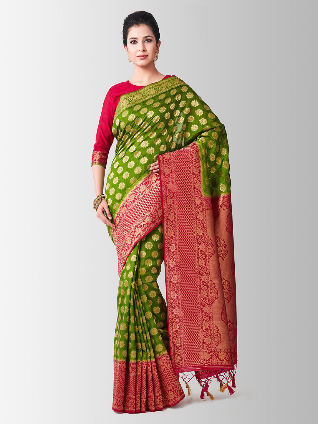 

MIMOSA Olive Green & Red Art Silk Woven Design Kanjeevaram Saree