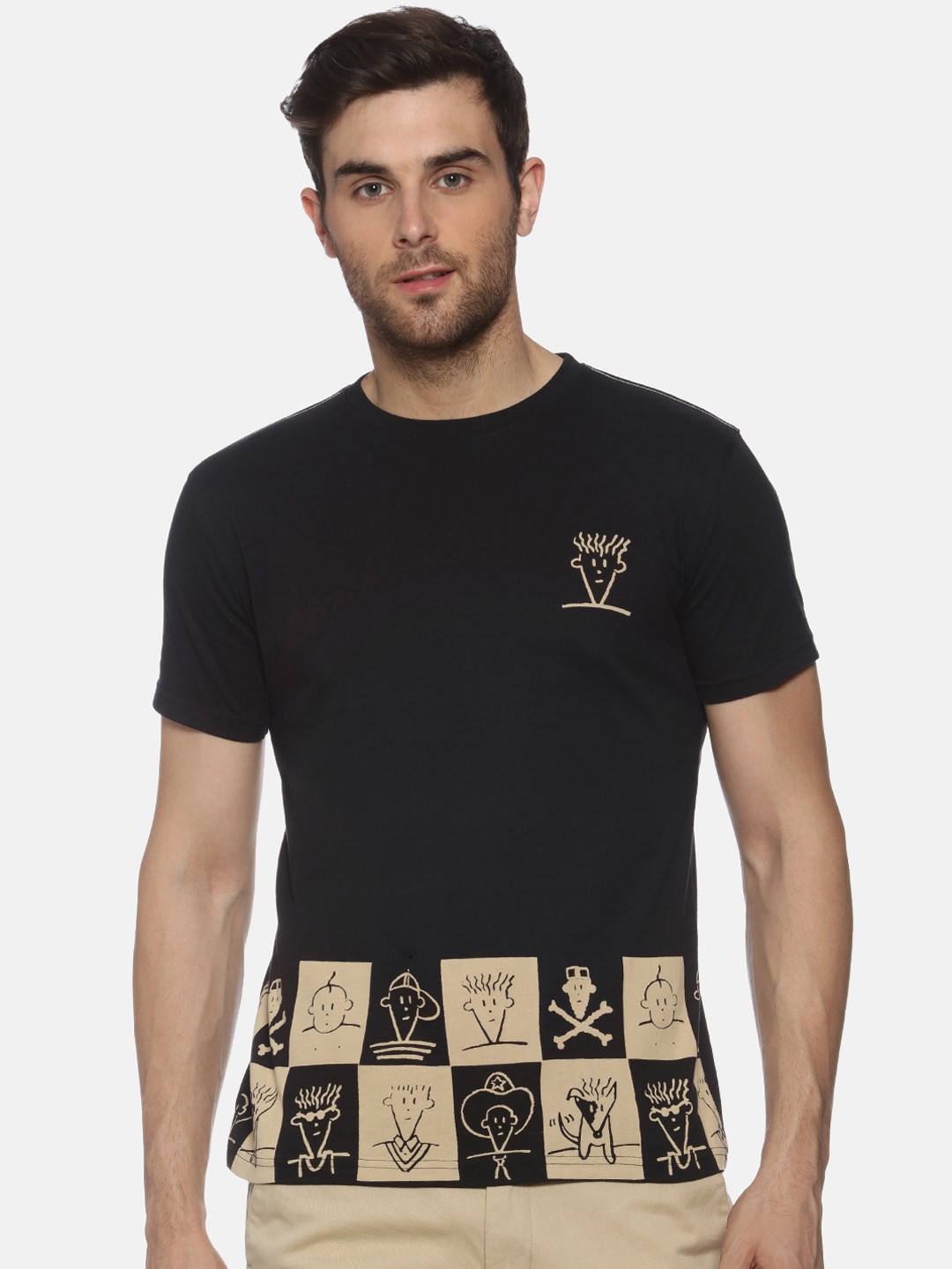 

FIDO DIDO Men Black Printed Round Neck Pure Cotton T-shirt
