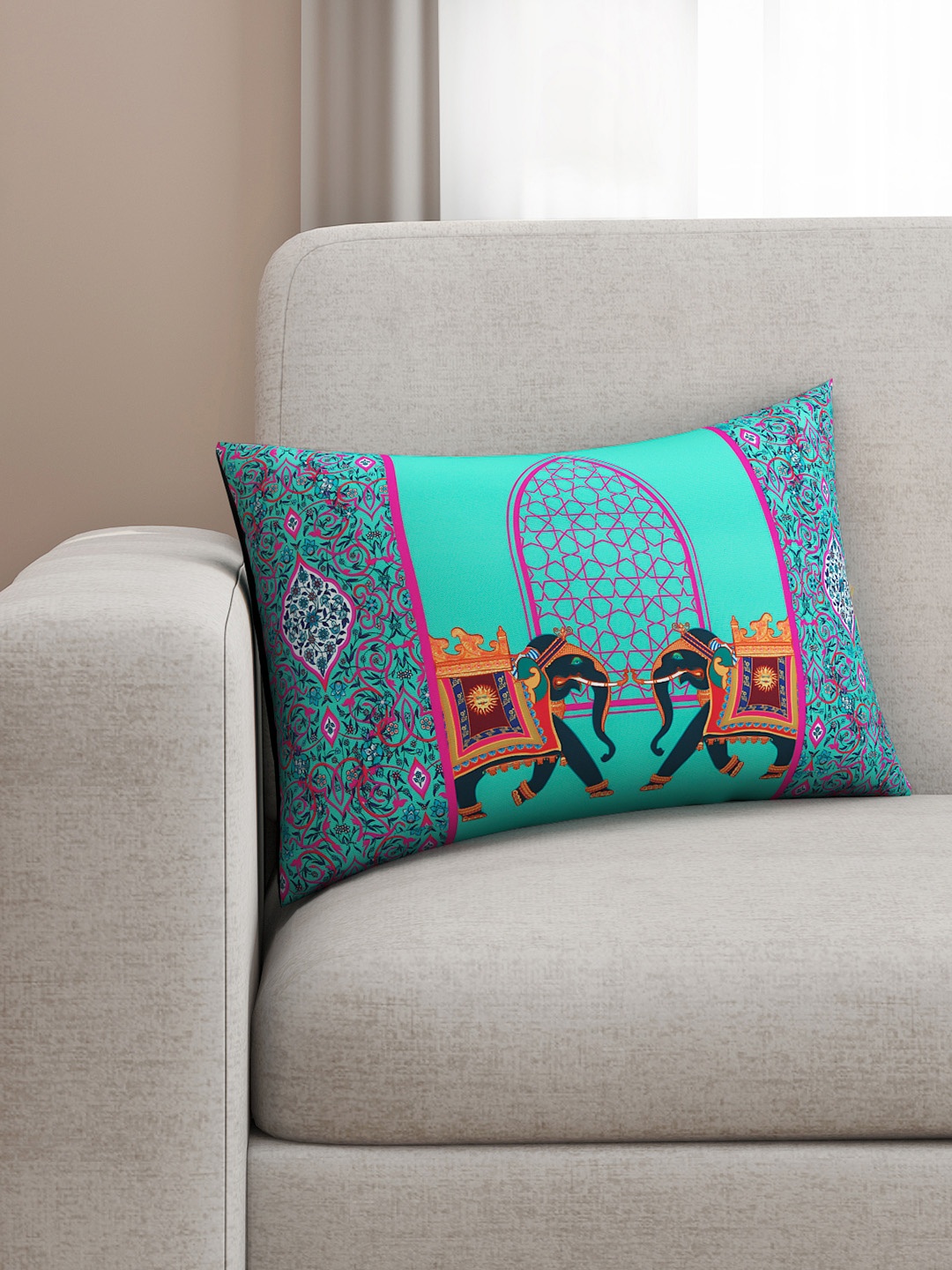 

SEJ by Nisha Gupta Green Single Abstract Rectangle Cushion Cover