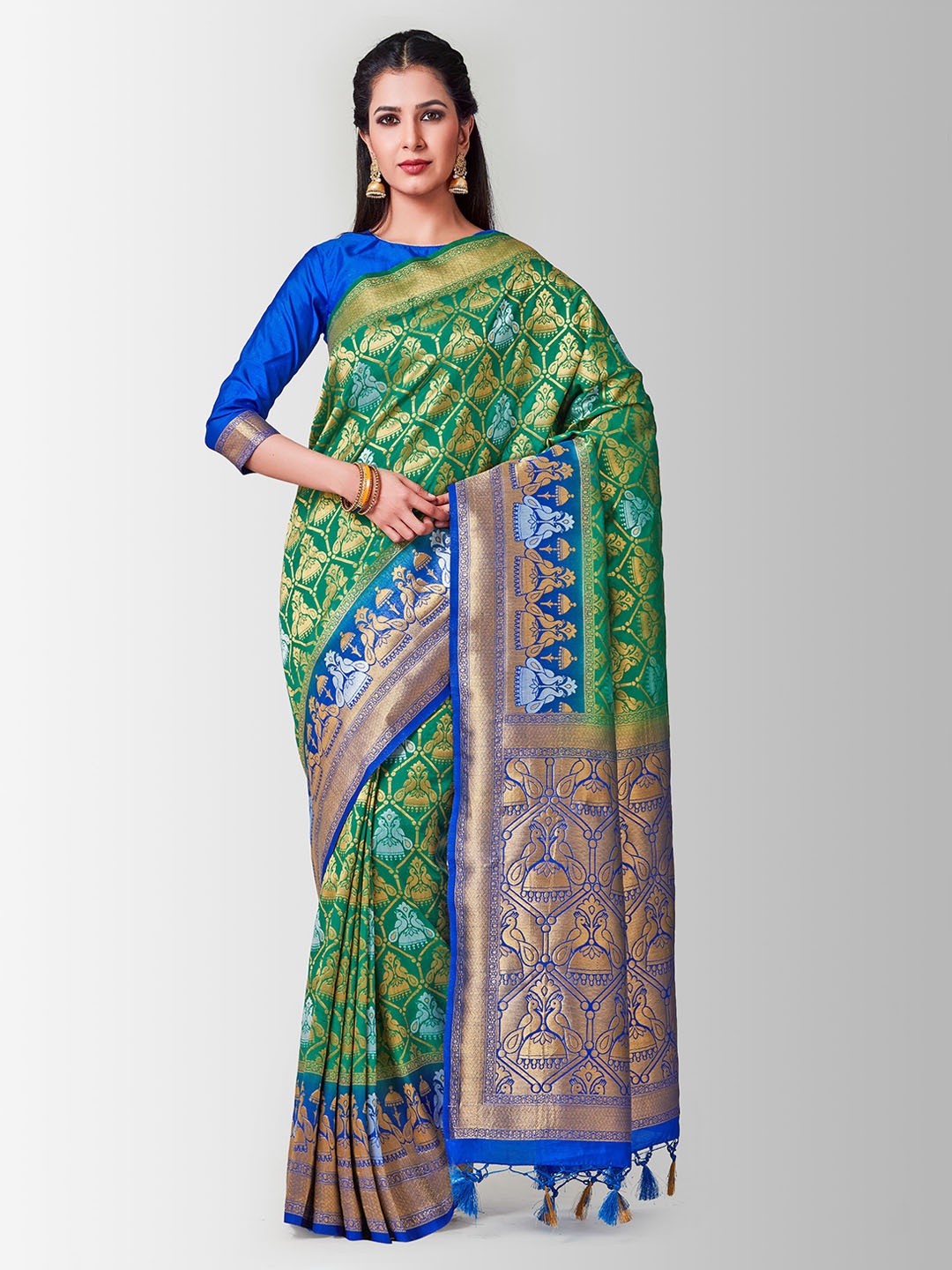 

MIMOSA Green & Blue Art Silk Woven Design Kanjeevaram Saree