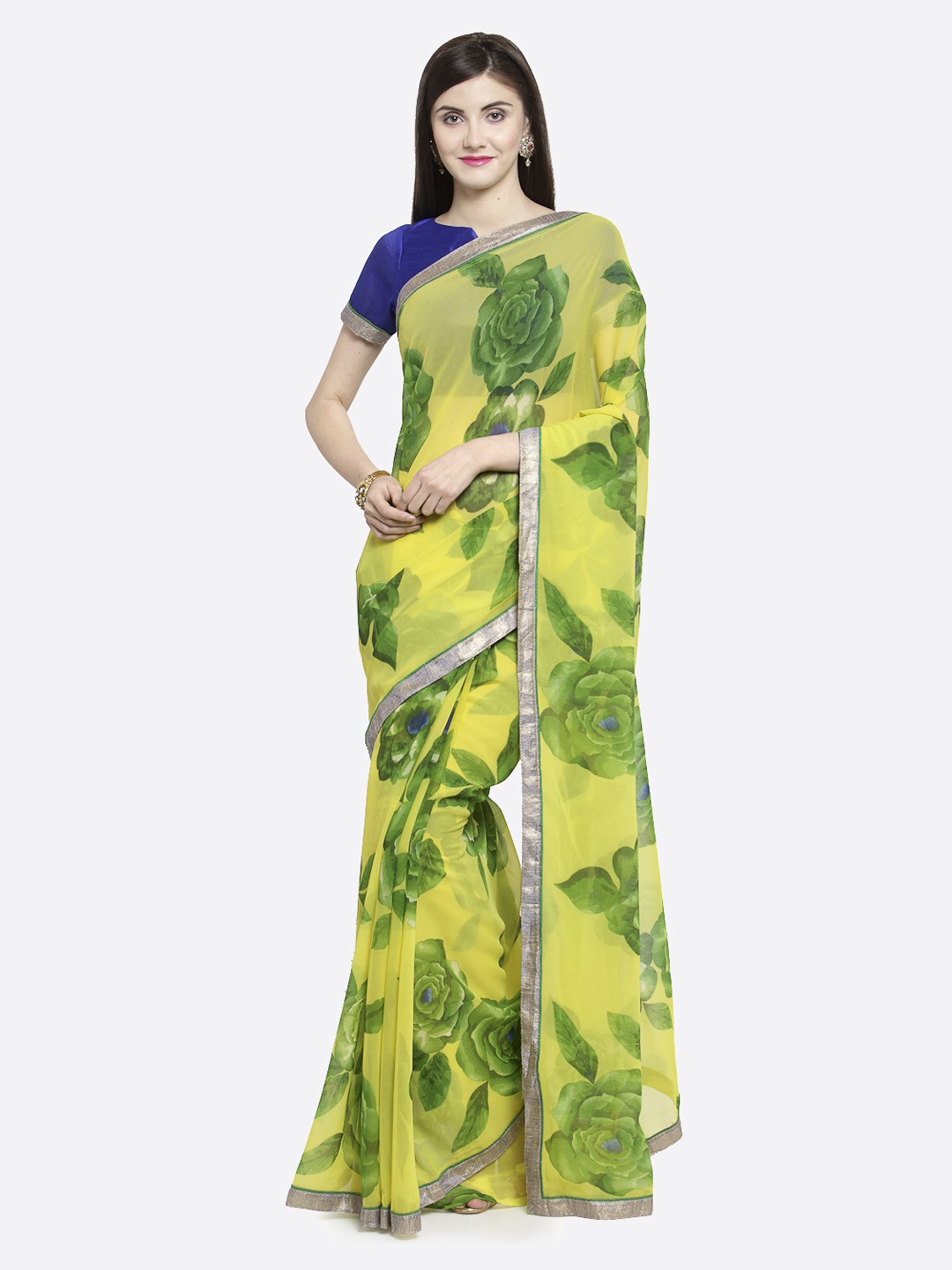 

Shaily Yellow & Green Pure Georgette Printed Saree