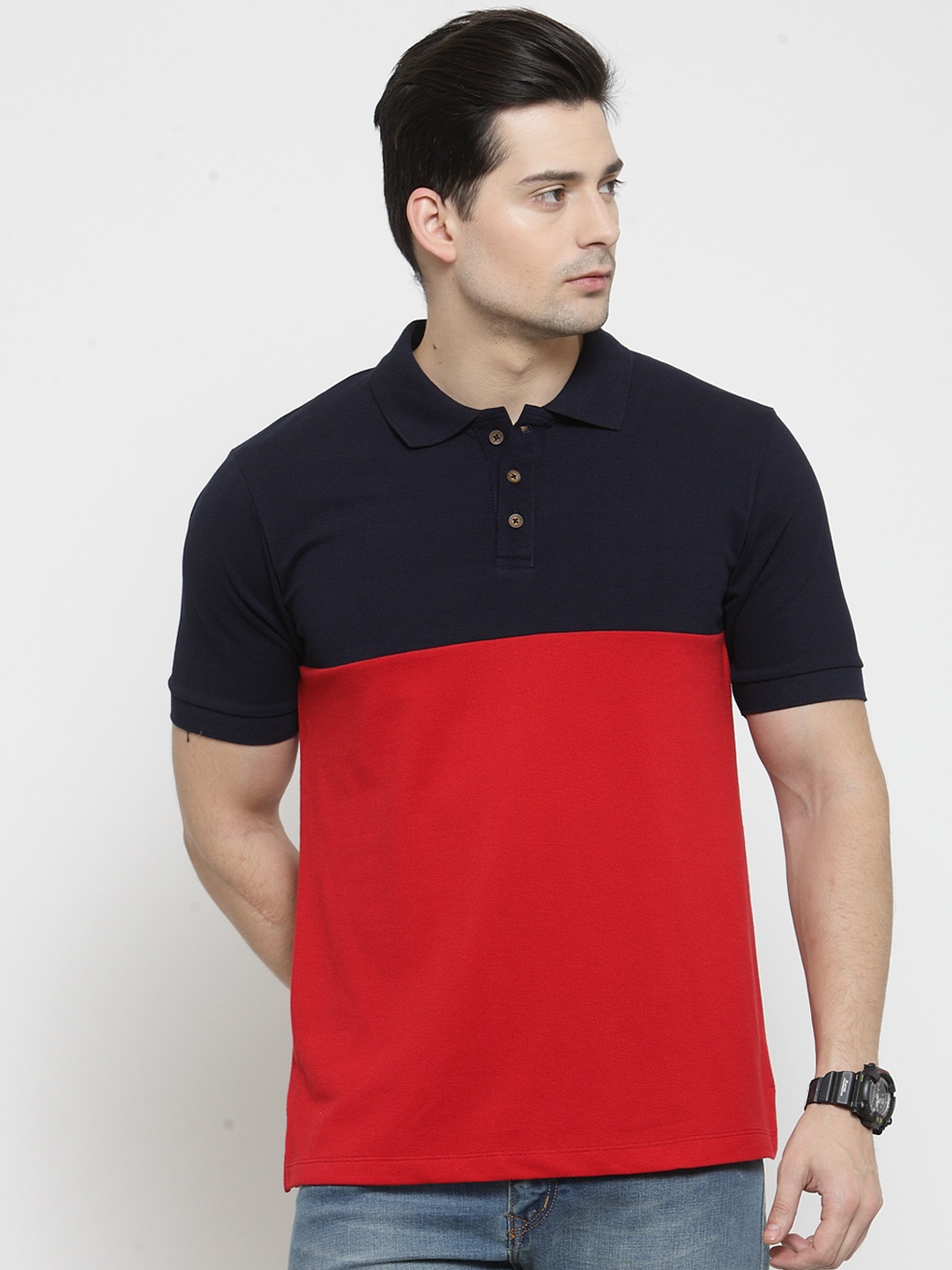 

Kalt Men Navy Blue & Red Colourblocked Polo Collar T-shirt