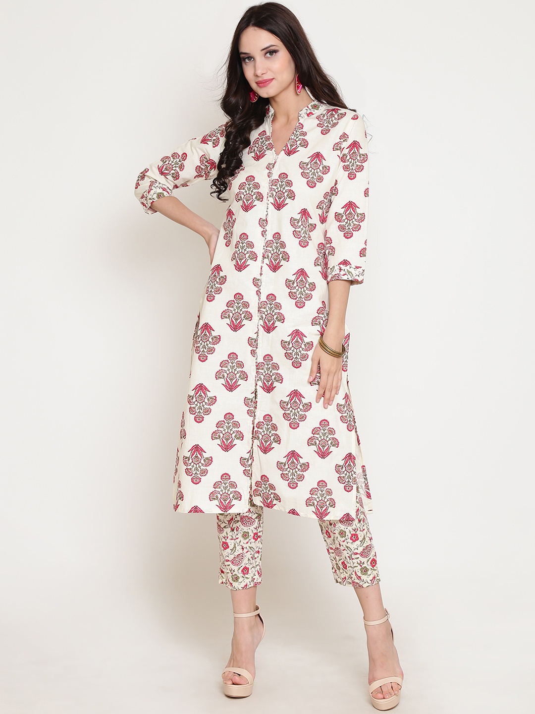 

Sera Women Off-White & Pink Printed Straight Kurta