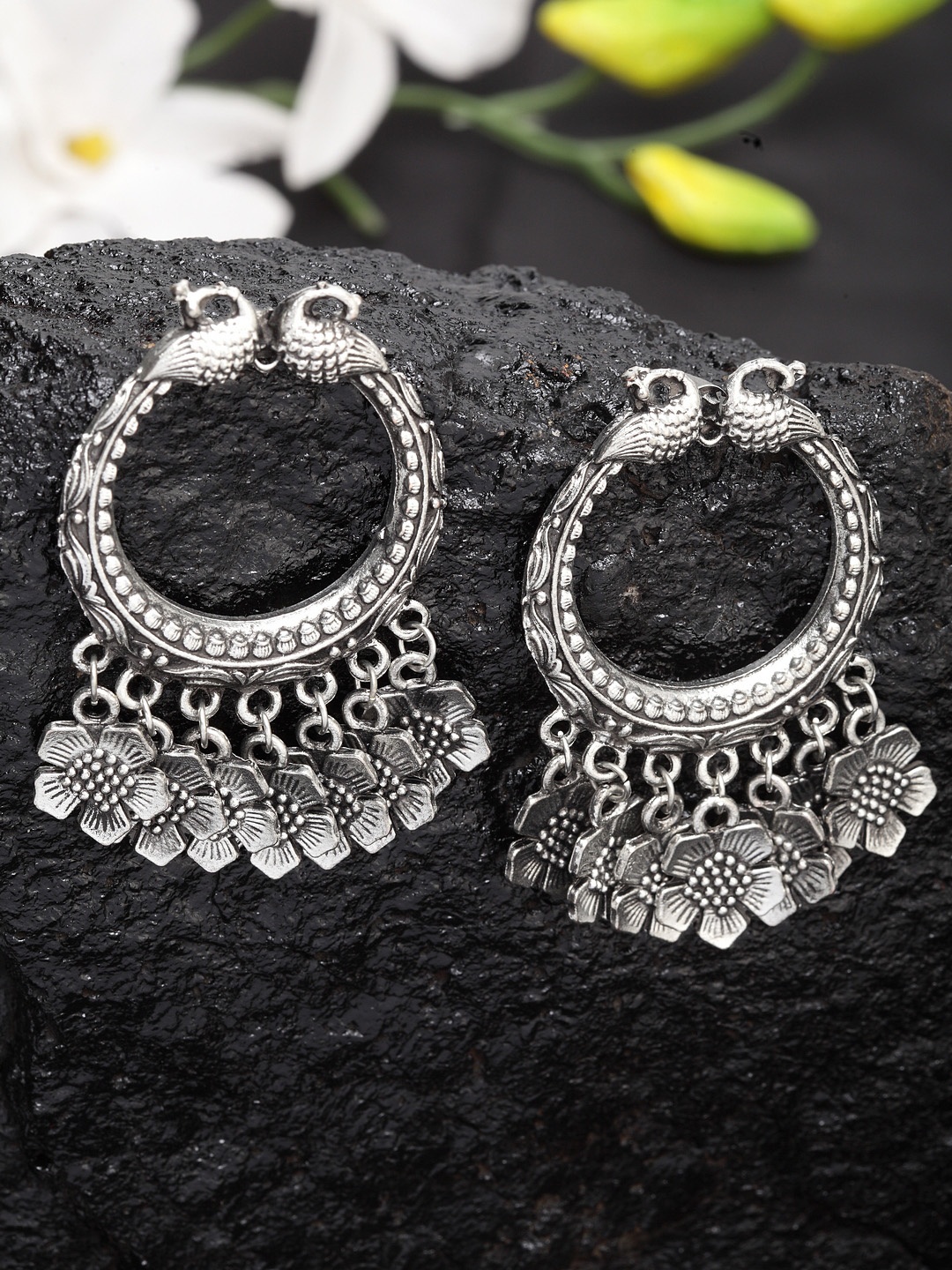 

Moedbuille Silver-Toned Peacock Shaped Drop Earrings