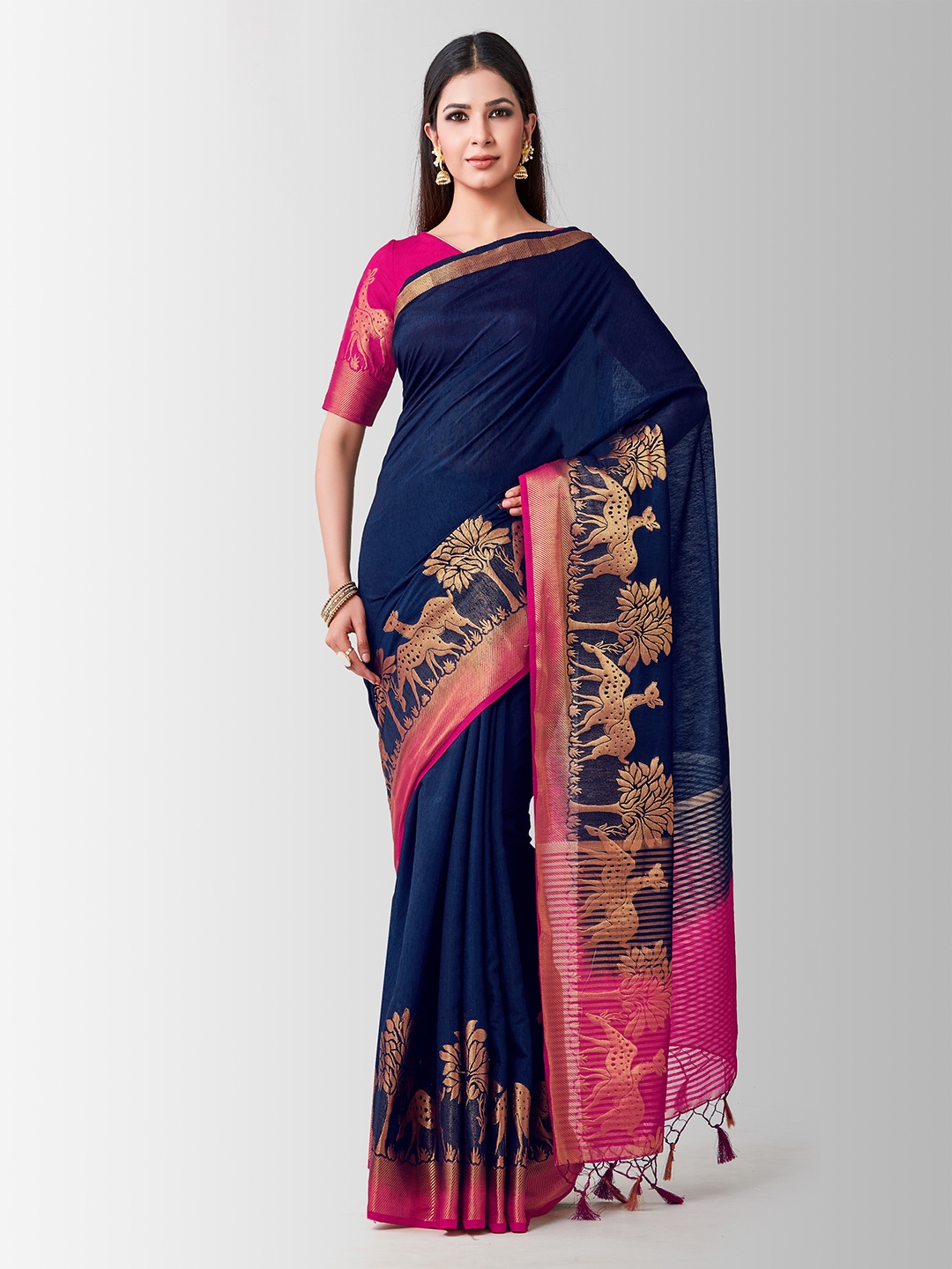 

MIMOSA Navy Blue Linen Blend Woven Design Kanjeevaram Saree