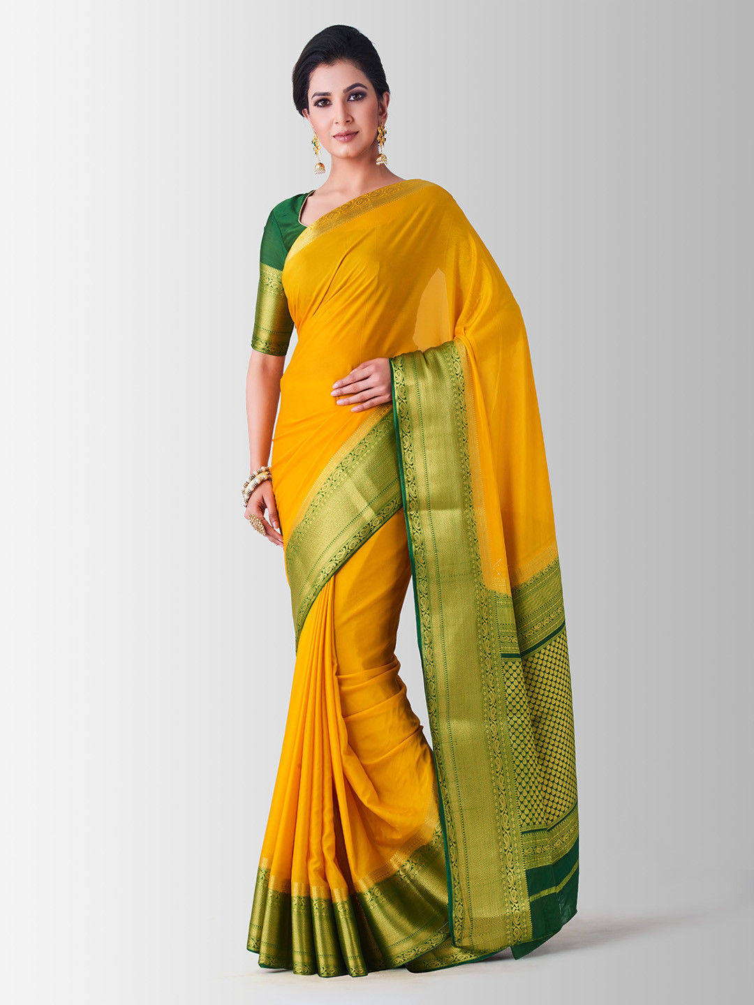 

MIMOSA Mustard Poly Crepe Woven Design Mysore Silk Saree