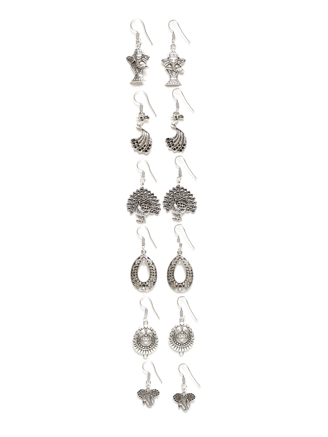 

Moedbuille Set Of 6 Silver-Plated Oxidised Quirky Drop Earrings