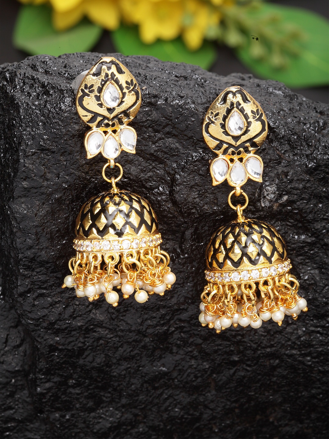 

Moedbuille Women Black & Gold-Plated Dome Shaped Jhumkas