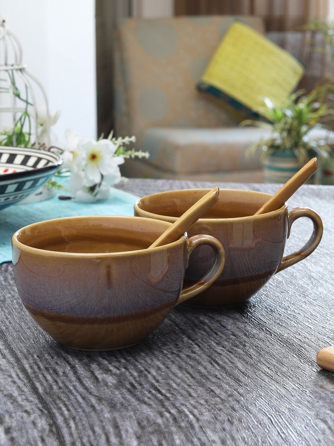 

Miah Decor Pack of 2 Stoneware Ceramic Handcrafted Dual Toned Soup Bowls, Mustard