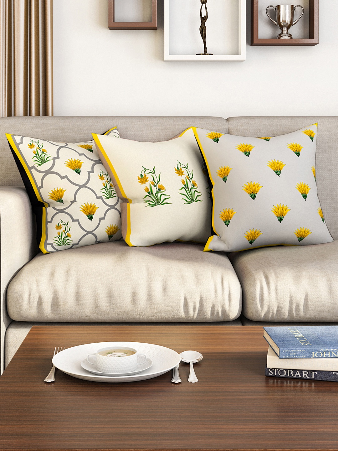 SEJ by Nisha Gupta Grey Set of 3 Floral Square Cushion Covers