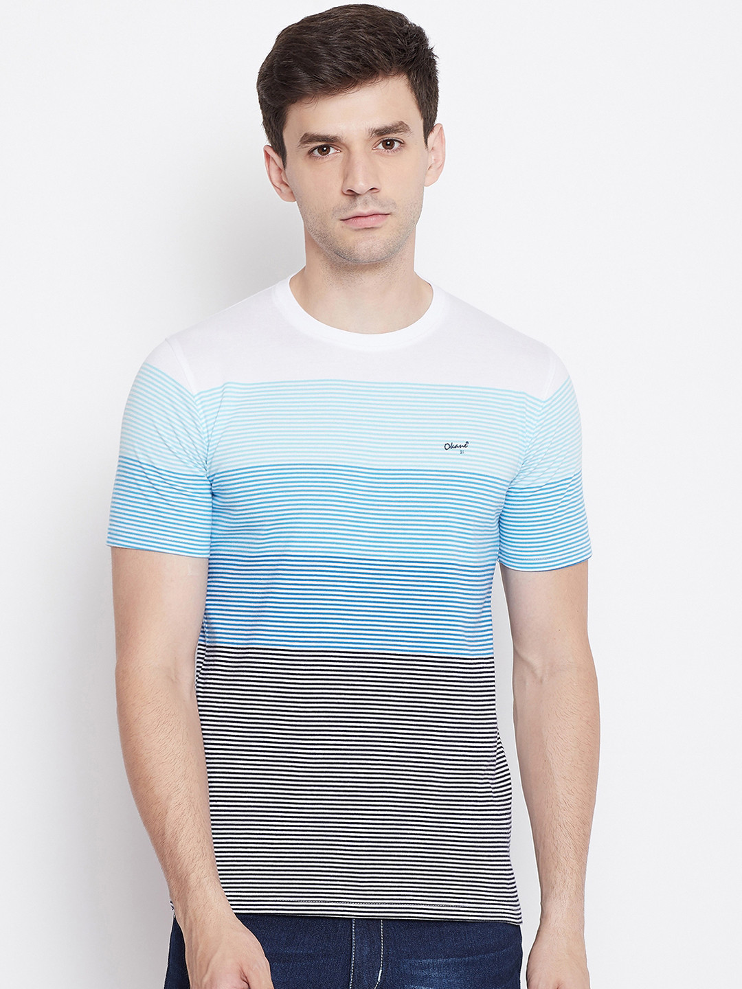 

Okane Men Blue & Grey Striped Round Neck T-shirt