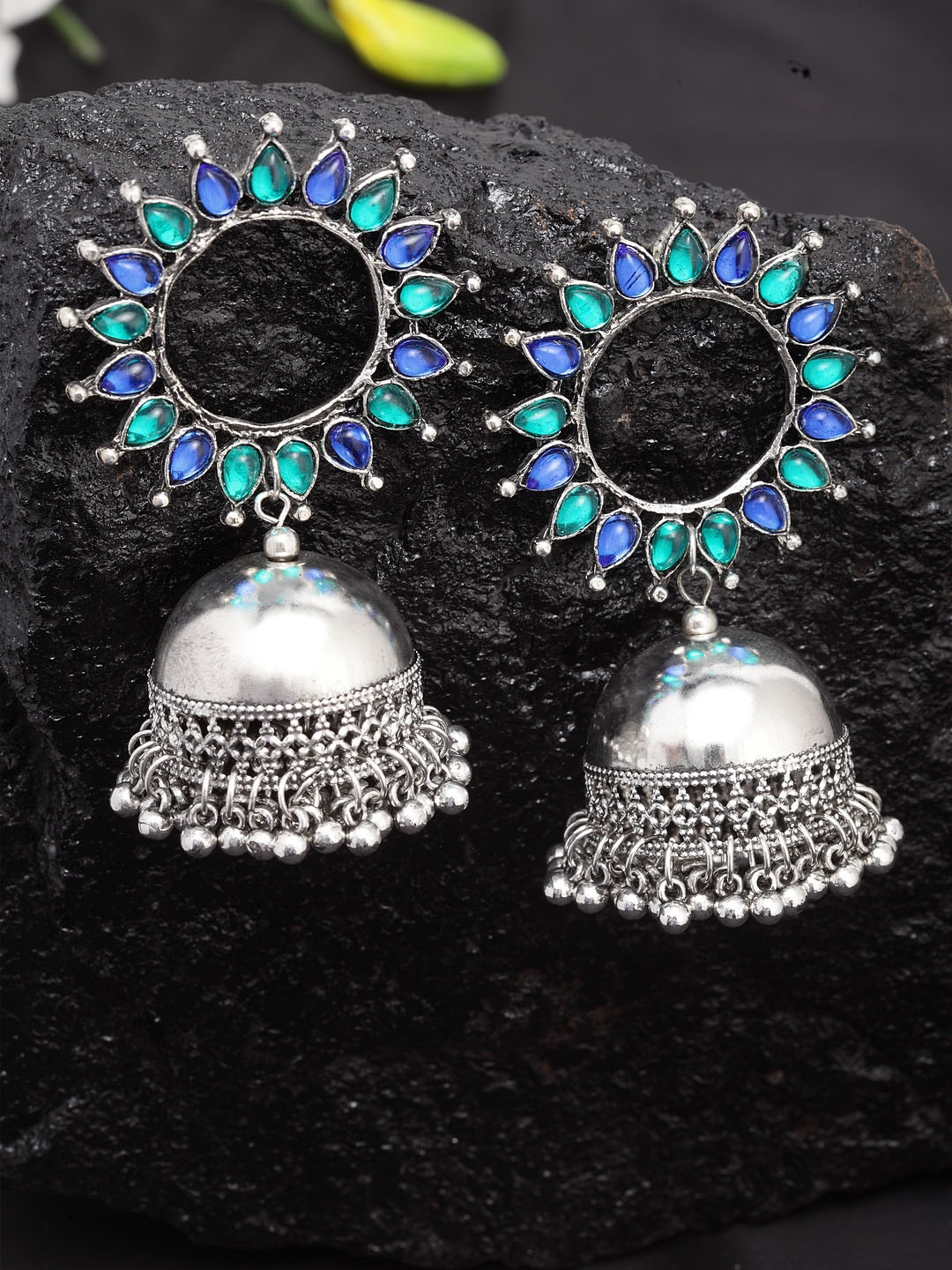 

Moedbuille Silver-Toned & Blue Dome Shaped Jhumkas
