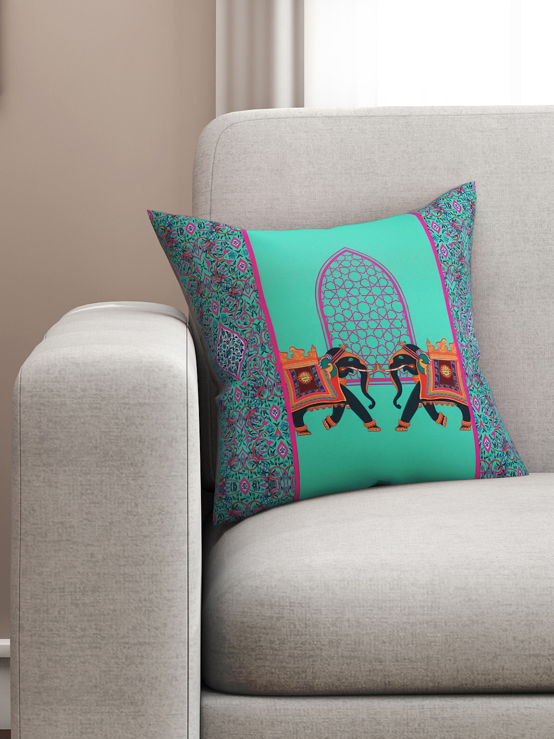 

SEJ by Nisha Gupta Green Single Ethnic Motifs Square Cushion Covers