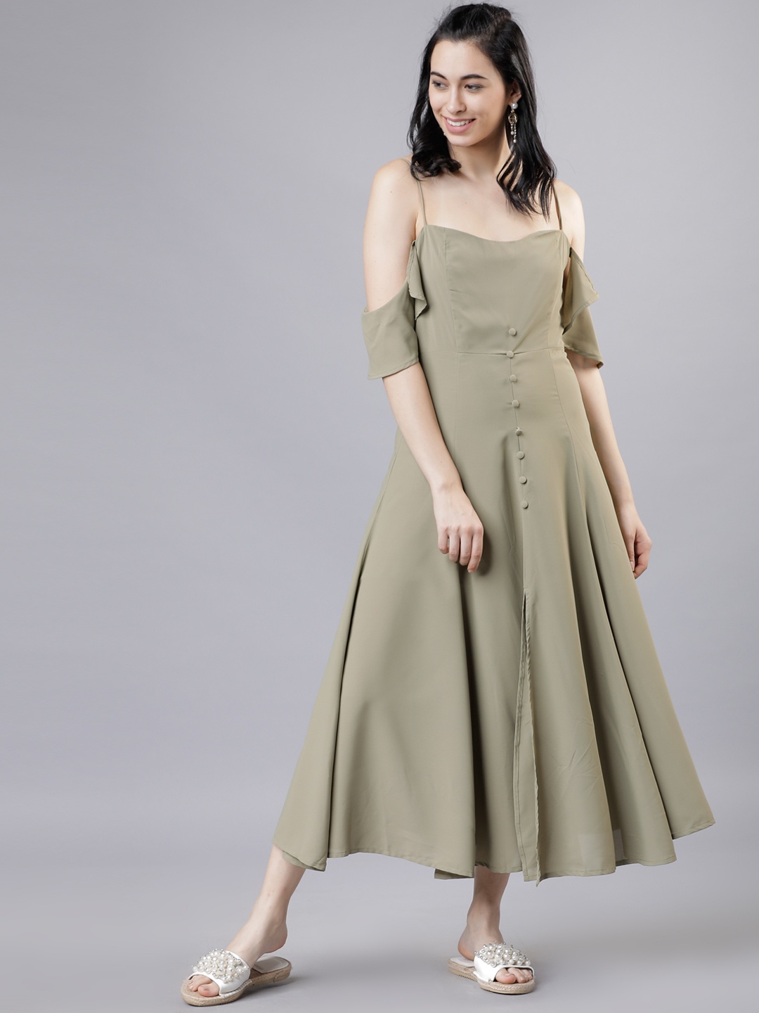 

Tokyo Talkies Women Olive Green Solid Fit and Flare Dress