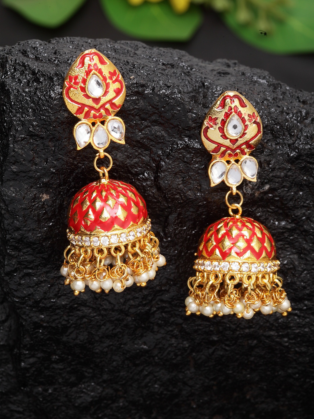 

Moedbuille Red & Gold-Toned Dome Shaped Jhumkas