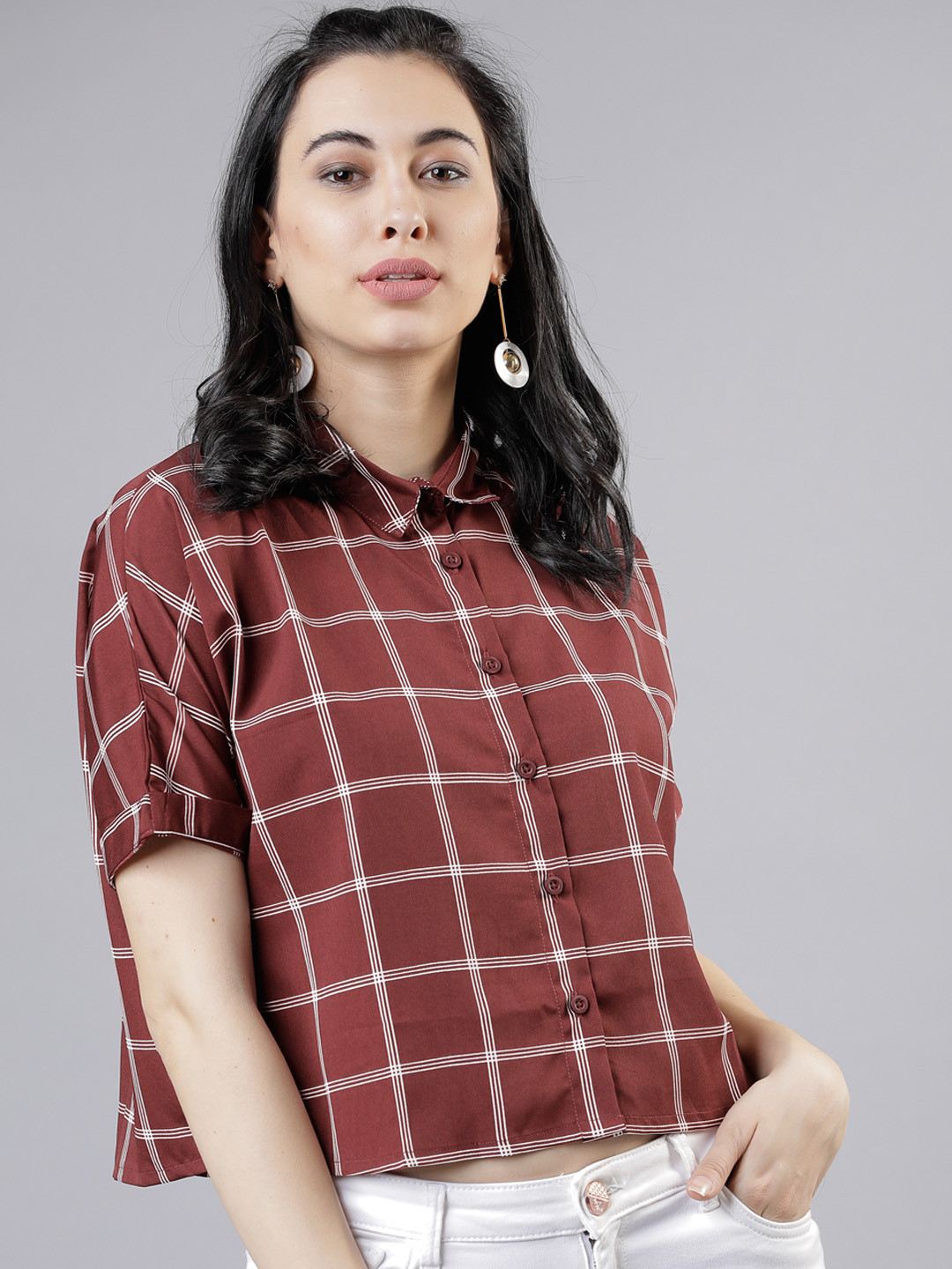 

Tokyo Talkies Women Burgundy & White Regular Fit Checked Casual Shirt