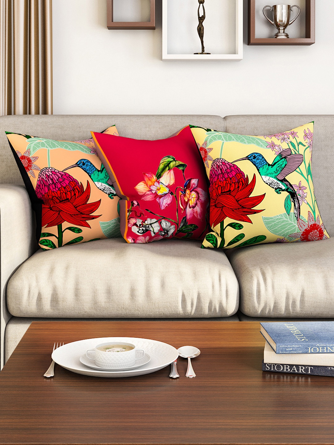 SEJ by Nisha Gupta Set of 3 Abstract Square Cushion Covers, Peach