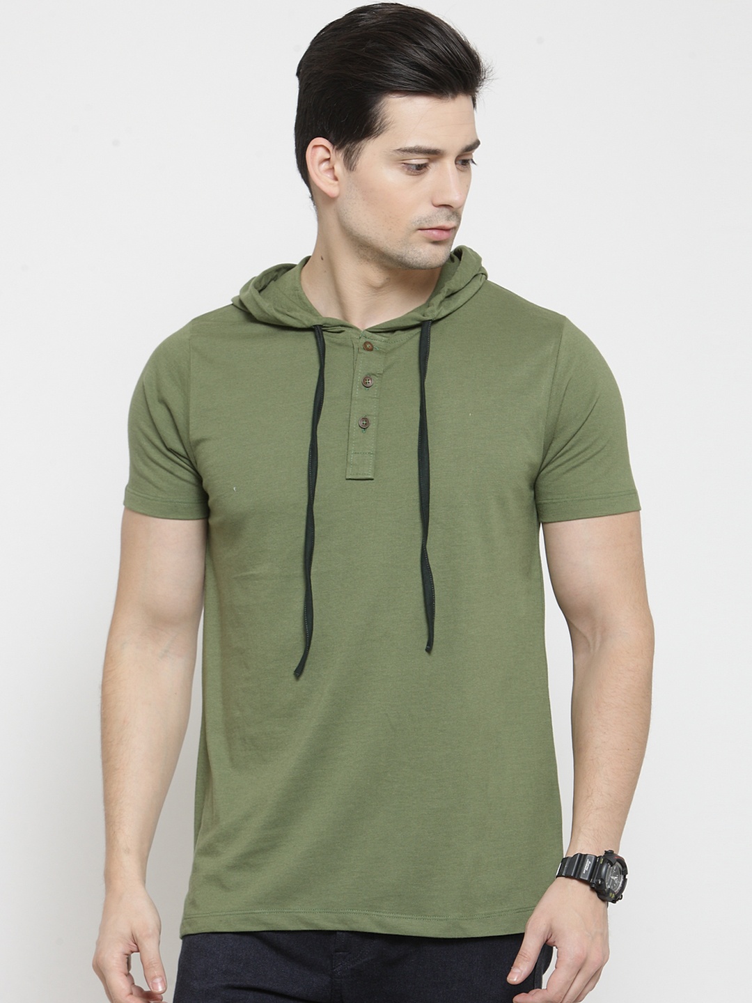 

Kalt Men Green Solid Hood T-shirt