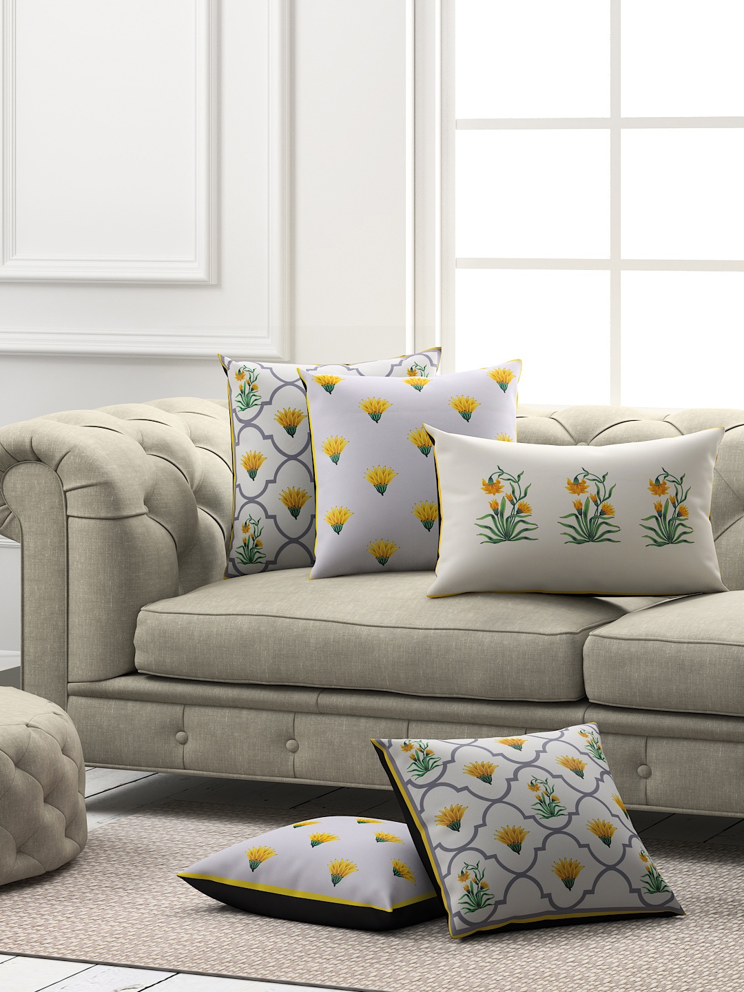 

SEJ by Nisha Gupta Set of 5 Floral Square Cushion Covers, Yellow