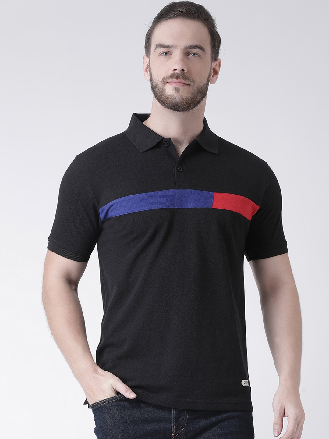 GRIFFEL Men Black Colourblocked Polo Collar T-shirt