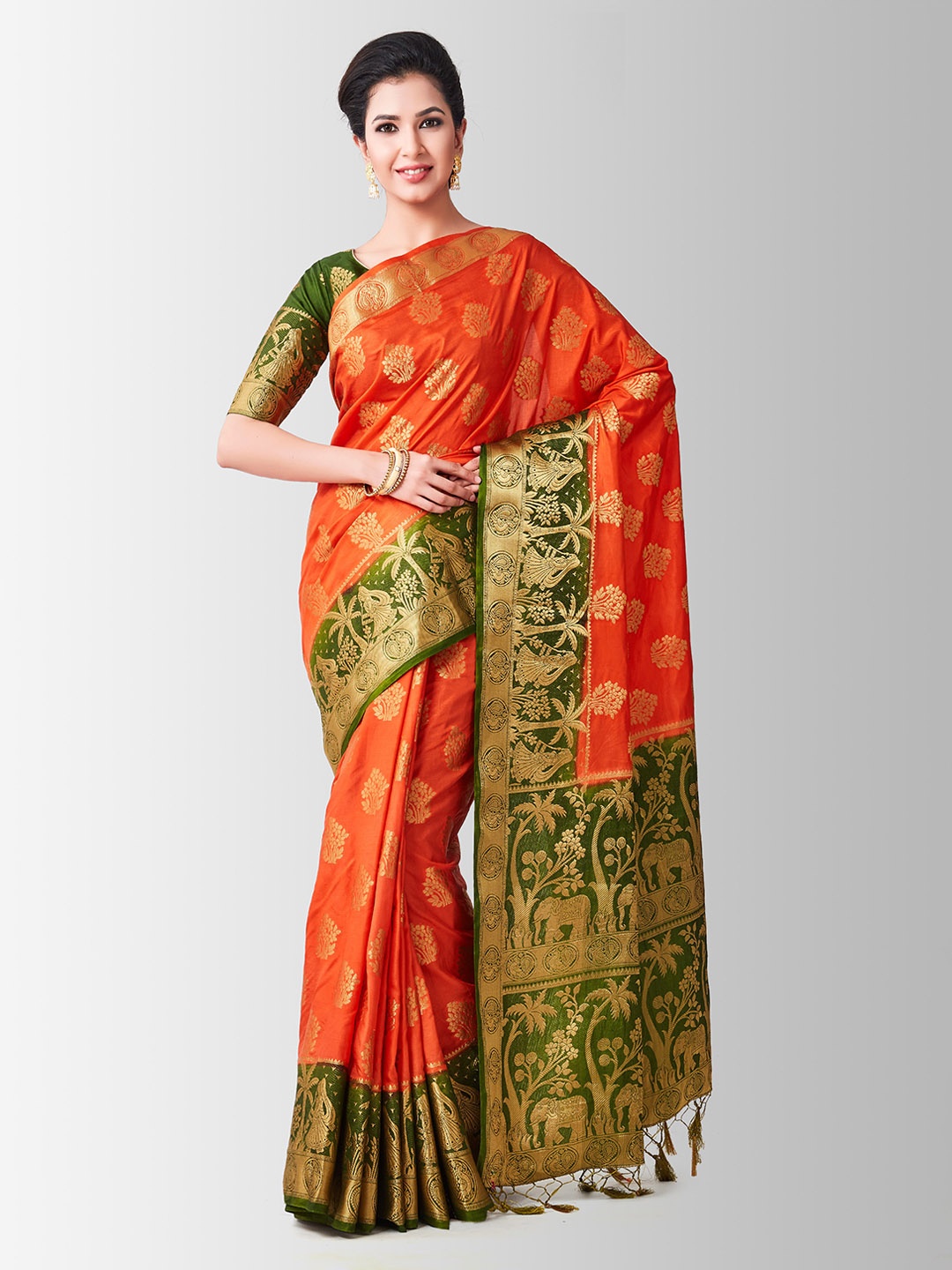 

MIMOSA Orange & Green Art Silk Woven Design Kanjeevaram Saree