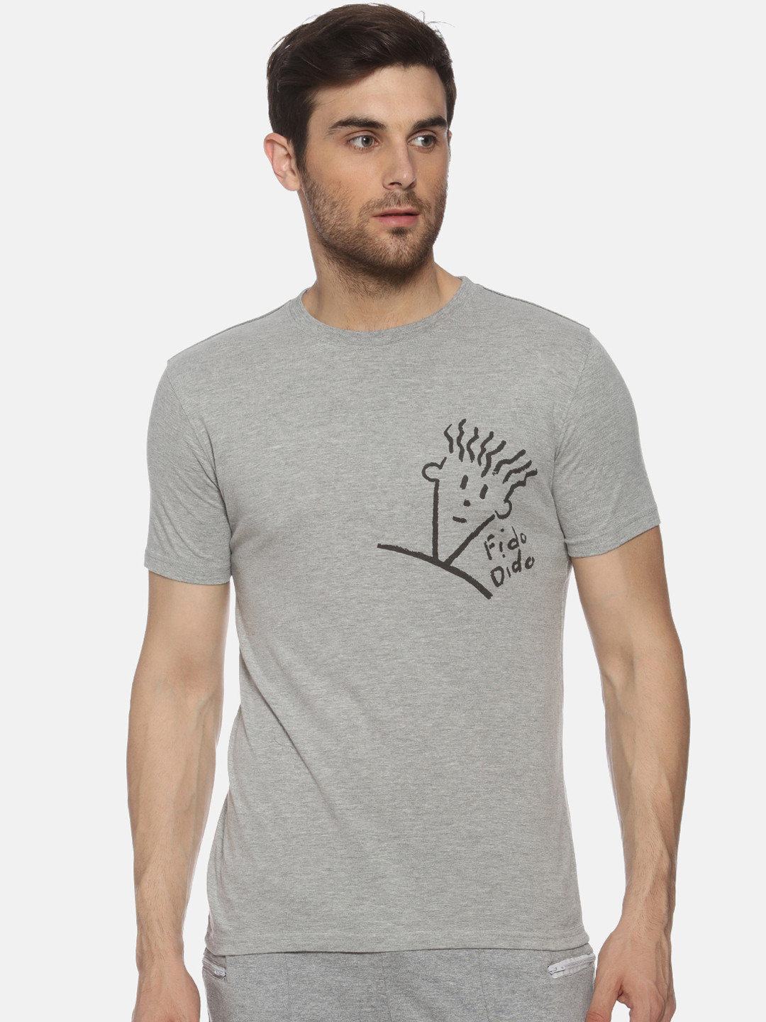 

FIDO DIDO Men Grey Printed Round Neck Pure Cotton T-shirt