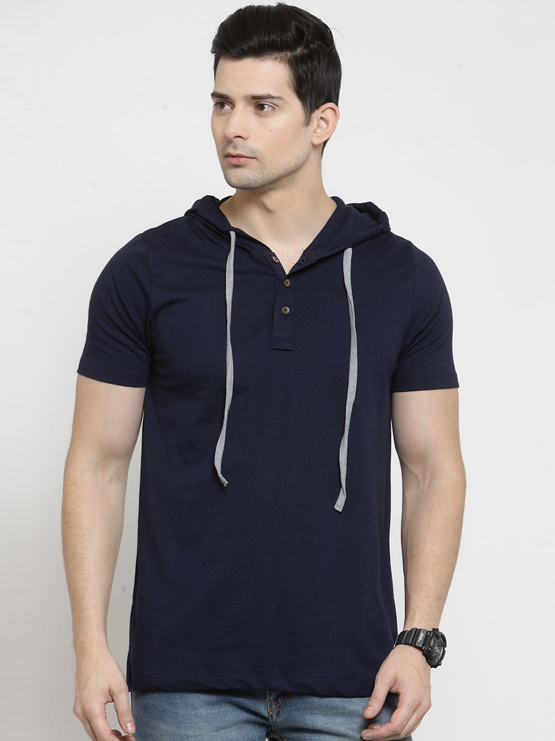 

Kalt Men Navy Blue Solid Hood T-shirt