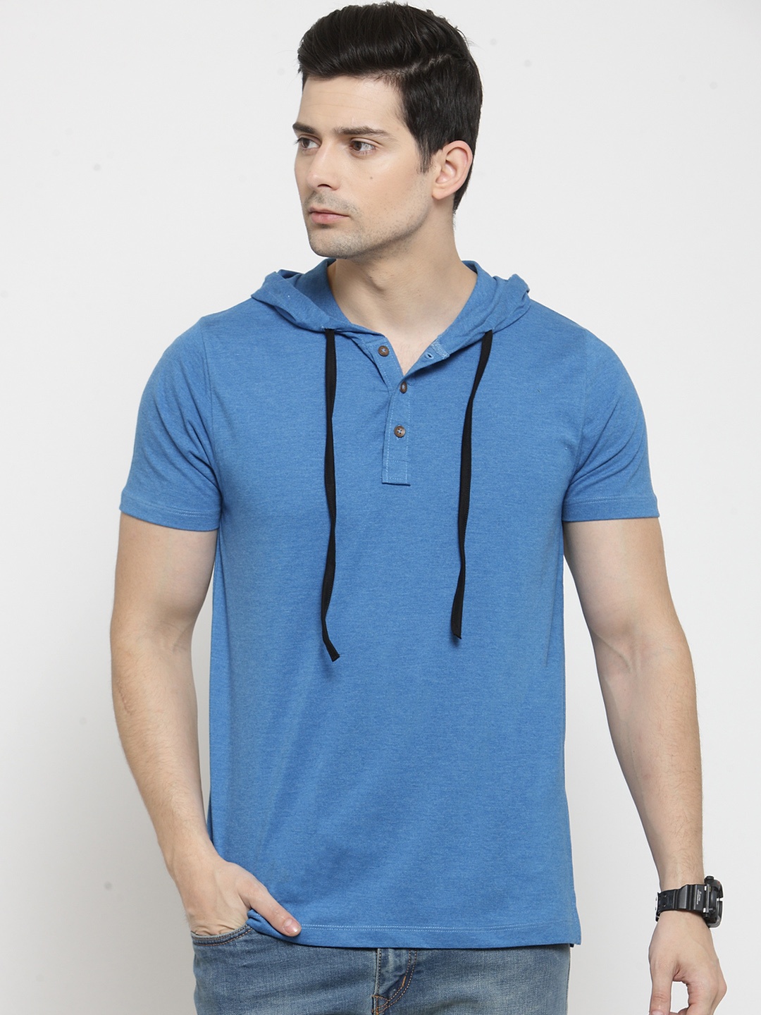

Kalt Men Blue Solid Hood T-shirt