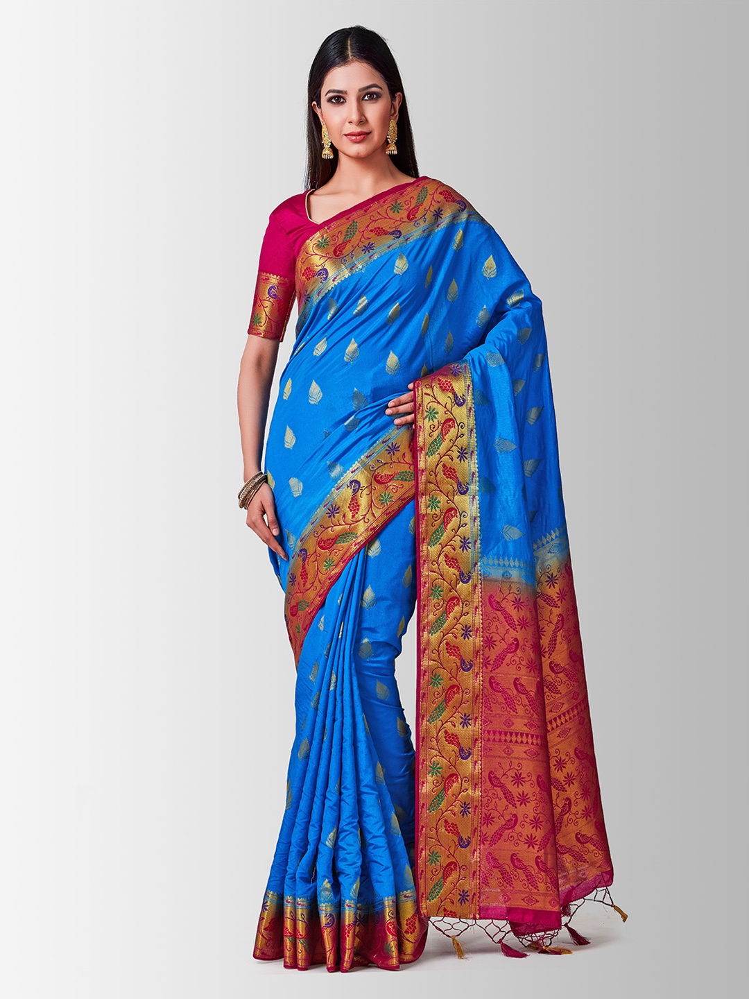 

MIMOSA Blue & Red Art Silk Printed Kanjeevaram Saree