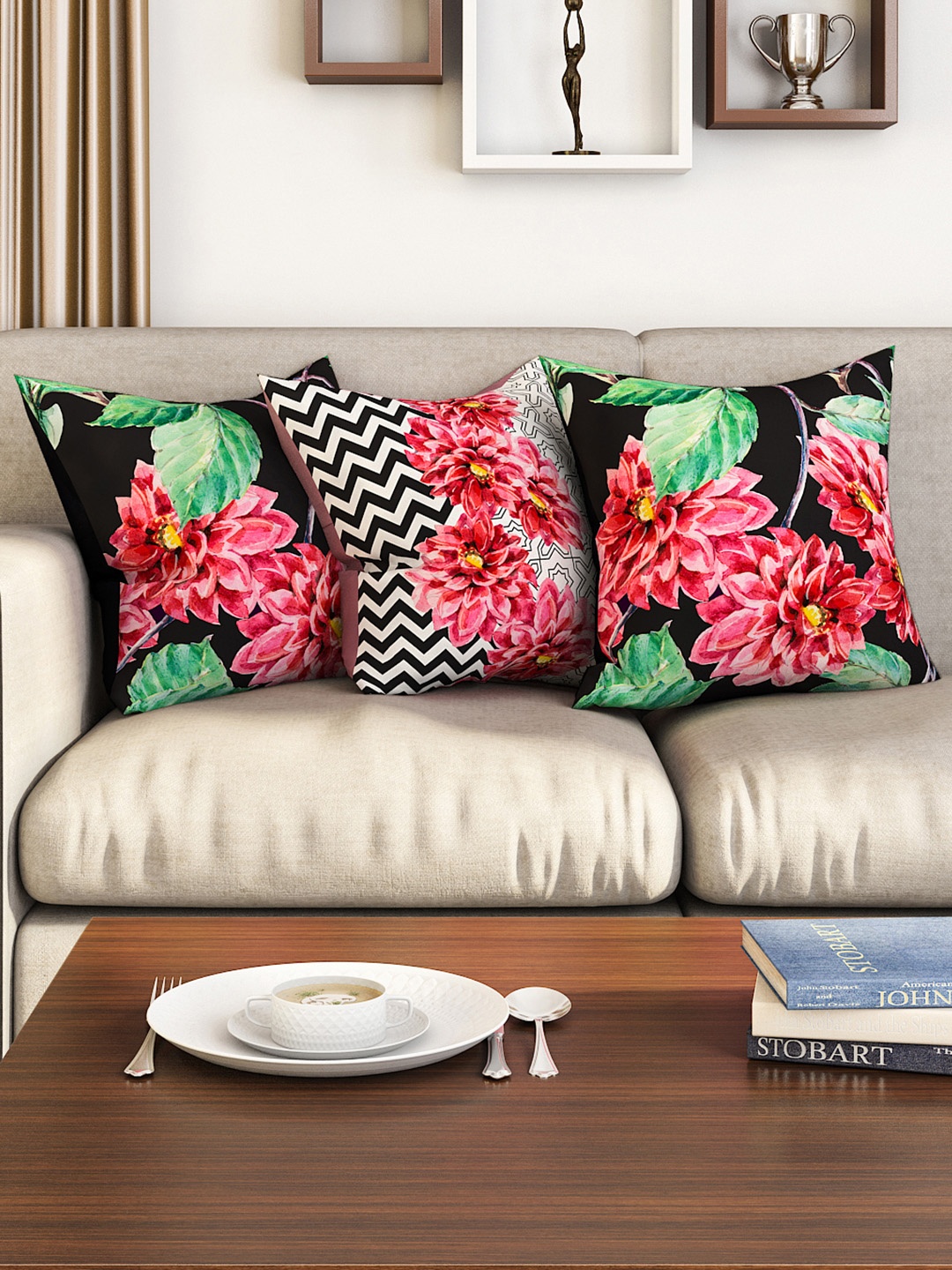 

SEJ by Nisha Gupta Set of 3 Floral Square Cushion Covers, Black