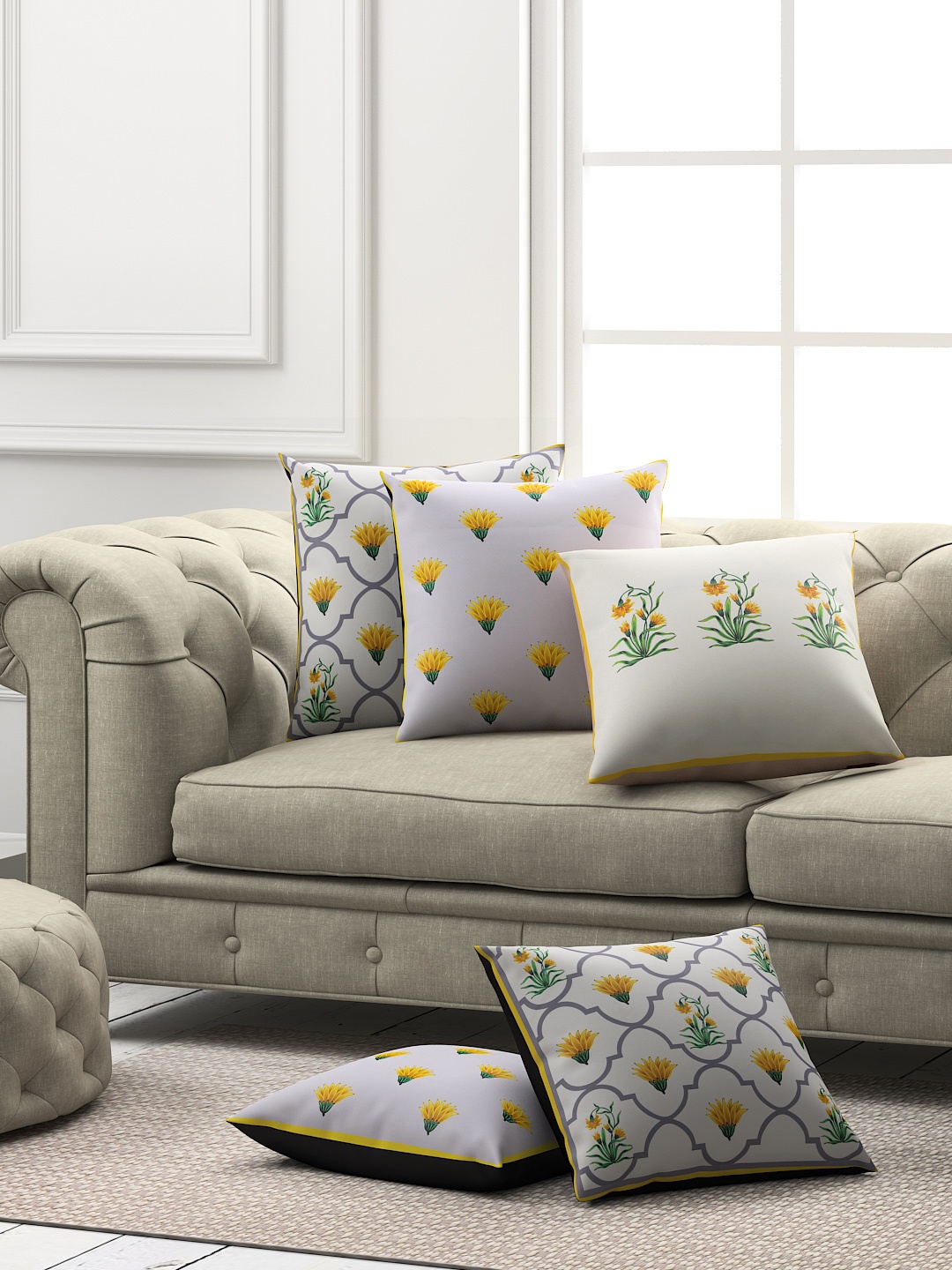 

SEJ by Nisha Gupta Set of 5 Printed Square Cushion Covers, Yellow