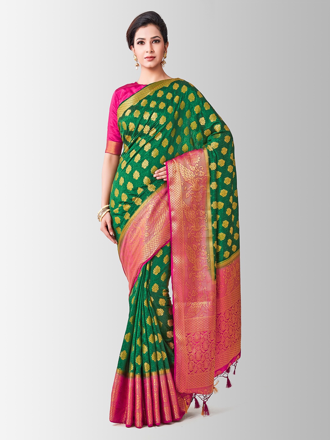 MIMOSA Green & Pink Art Silk Woven Design Kanjeevaram Saree