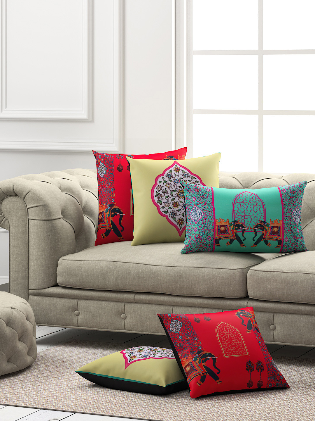 

SEJ by Nisha Gupta Set of 5 Ethnic Motifs Square Cushion Covers, Green