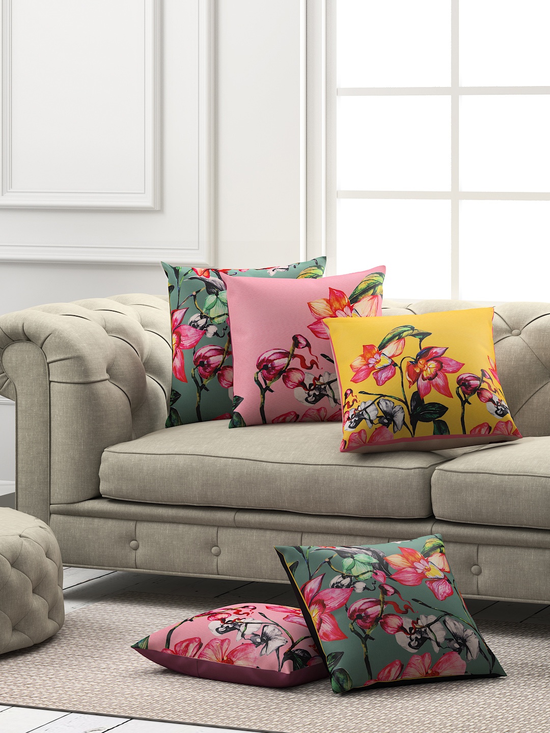 SEJ by Nisha Gupta Set of 5 Printed Square Cushion Covers, Yellow