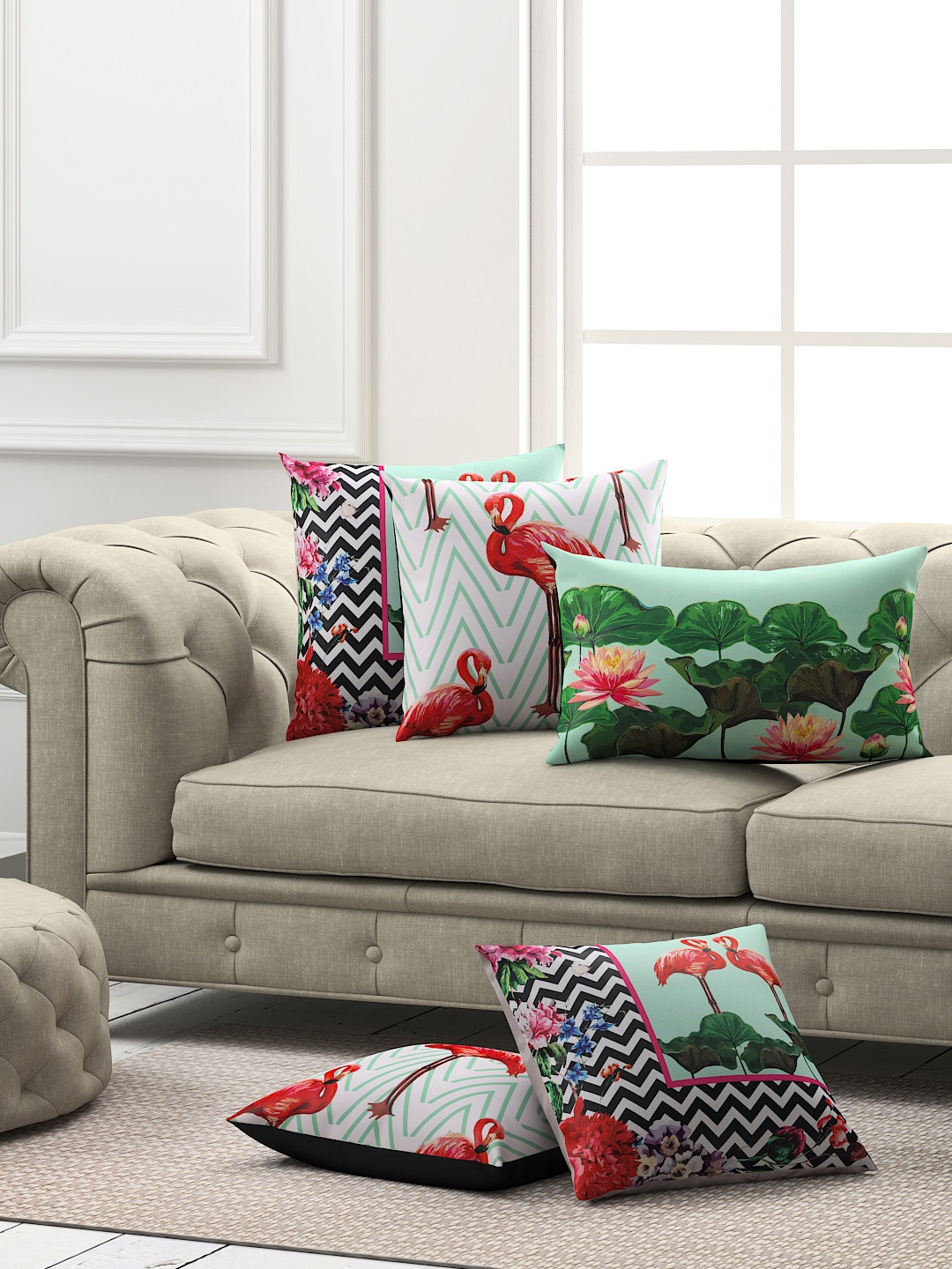 

SEJ by Nisha Gupta Set of 5 Floral Square Cushion Covers, Green